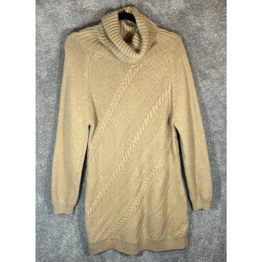 Soft Surroundings Sweater Dress Large Camel Tan Cable Knit Wool Blend Turtleneck